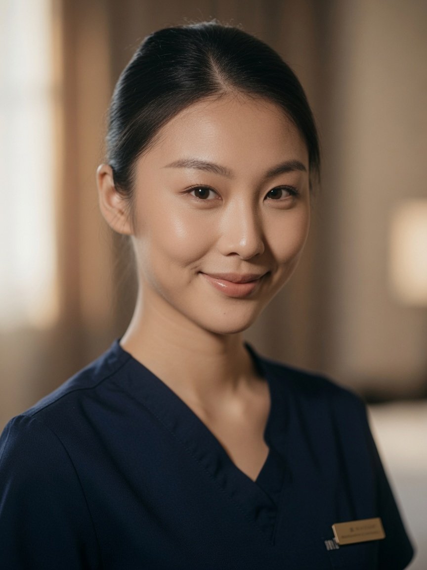 Asian outcall massage therapist arriving at a Las Vegas hotel room for an in-room session